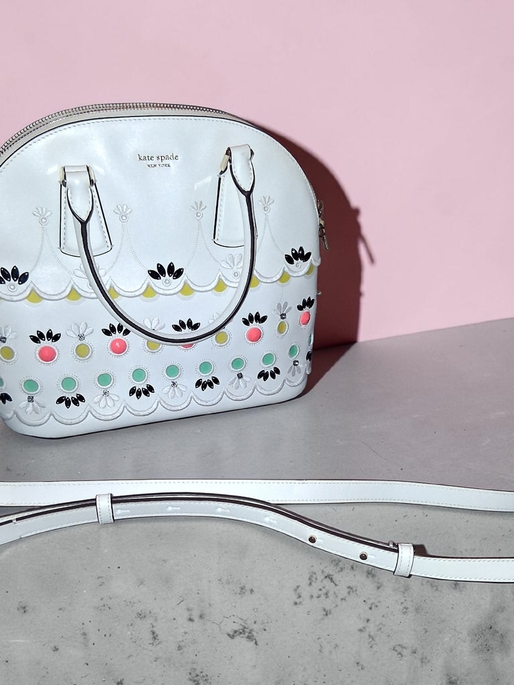 kate spade White Dome Satchel with Colorful Gem Detail